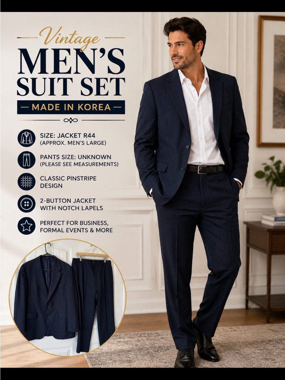 Vintage Men's Pinstripe Suit Jacket & Pants - Navy